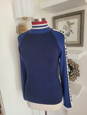 Vintage Tommy Hilfiger Women's Ribbed Navy Blue Sweater with Stripe-Trim Collar